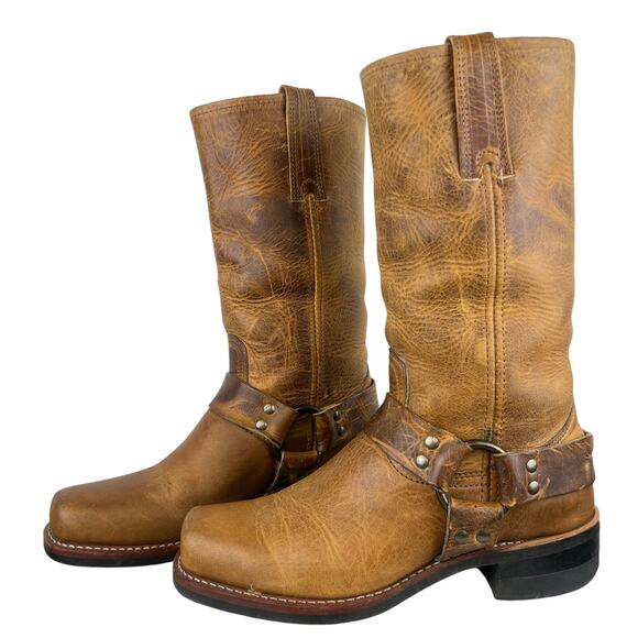 Frye Harness Brown Leather Moto Mid-Calf Block Heel Square Toe Boots (Sz 8.5) - Picture 1 of 14